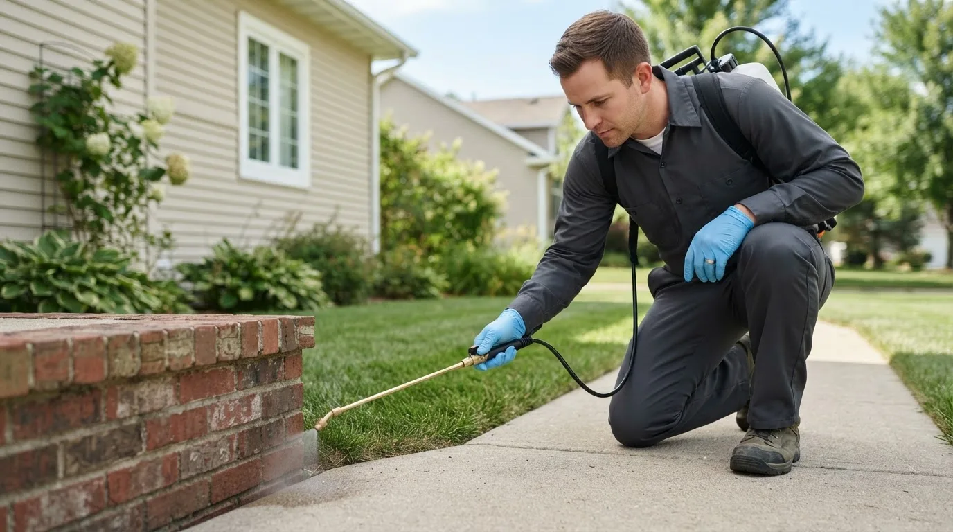 Pest control technician treating a home near Bedford, IN